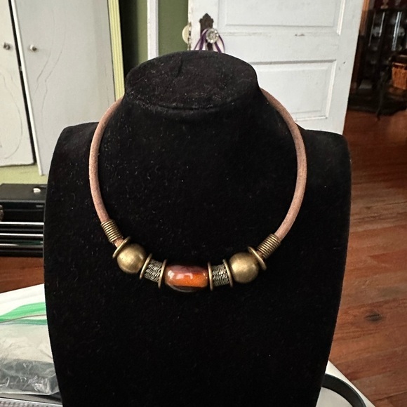 Vintage Bohemian Leather Bead Choker Necklace Women's 1970s - Picture 5 of 6
